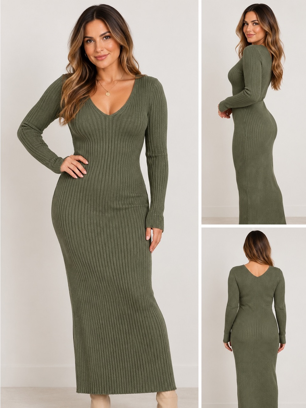Ribbed Long Sleeve Knit Dress - Olive Green